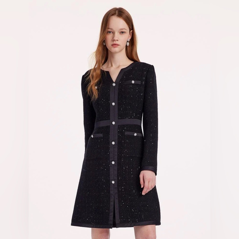 Elegant Black Wool Tweed Dress
